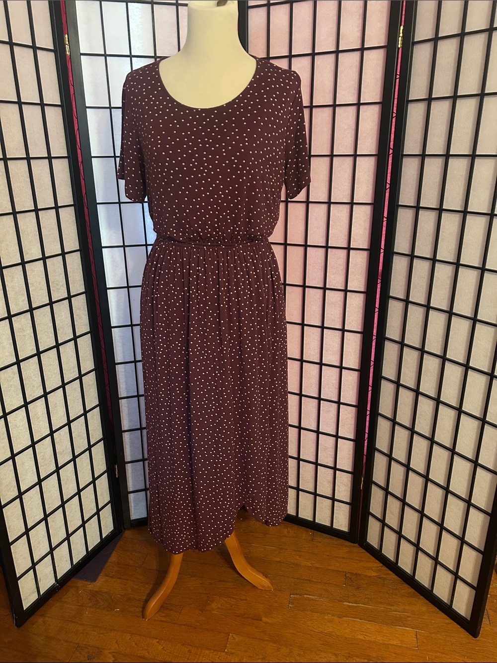 Latched Mama Burgundy Polka Dot Midi Dress maternity/nursing has POCKETS!